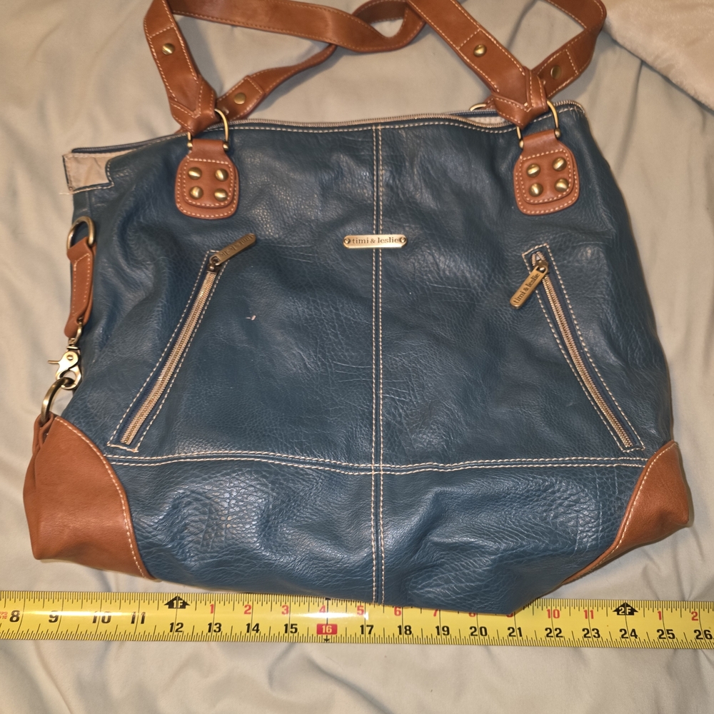 Blue and Brown Leather Tote Bag